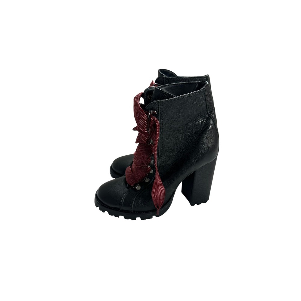 Schutz Lace Up Ankle Boots Womens 7B Black Leather Burgundy Ribbons Excellent